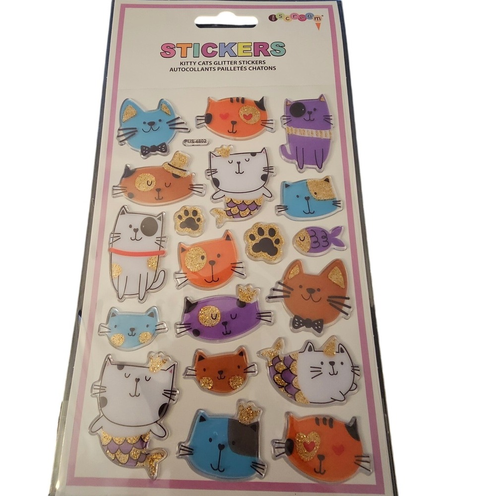 Iscream Kitty Cats Glitter Stickers Sheet Puffy Colorful Feline Decals
